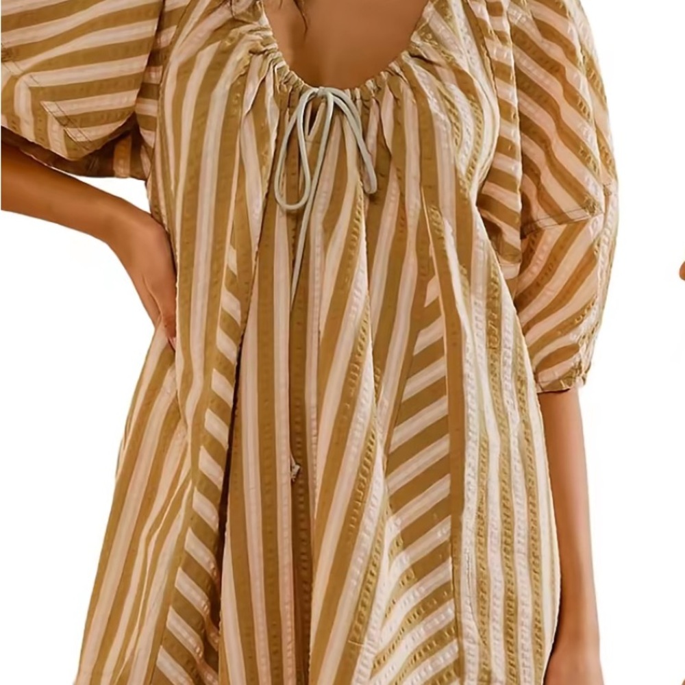 Women's Striped Tan and White Peasant Romper with Tie Neck